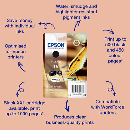 Epson Original 16 Tinte Füller (WF-2630WF, WF-2650DWF, WF-2660DWF, WF-2750DWF, WF-2760DWF), schwarz