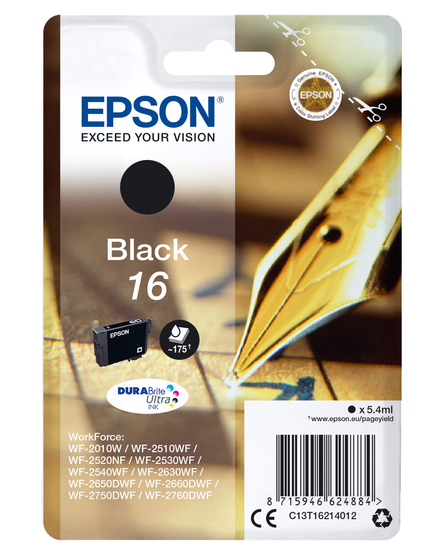 Epson Original 16 Tinte Füller (WF-2630WF, WF-2650DWF, WF-2660DWF, WF-2750DWF, WF-2760DWF), schwarz