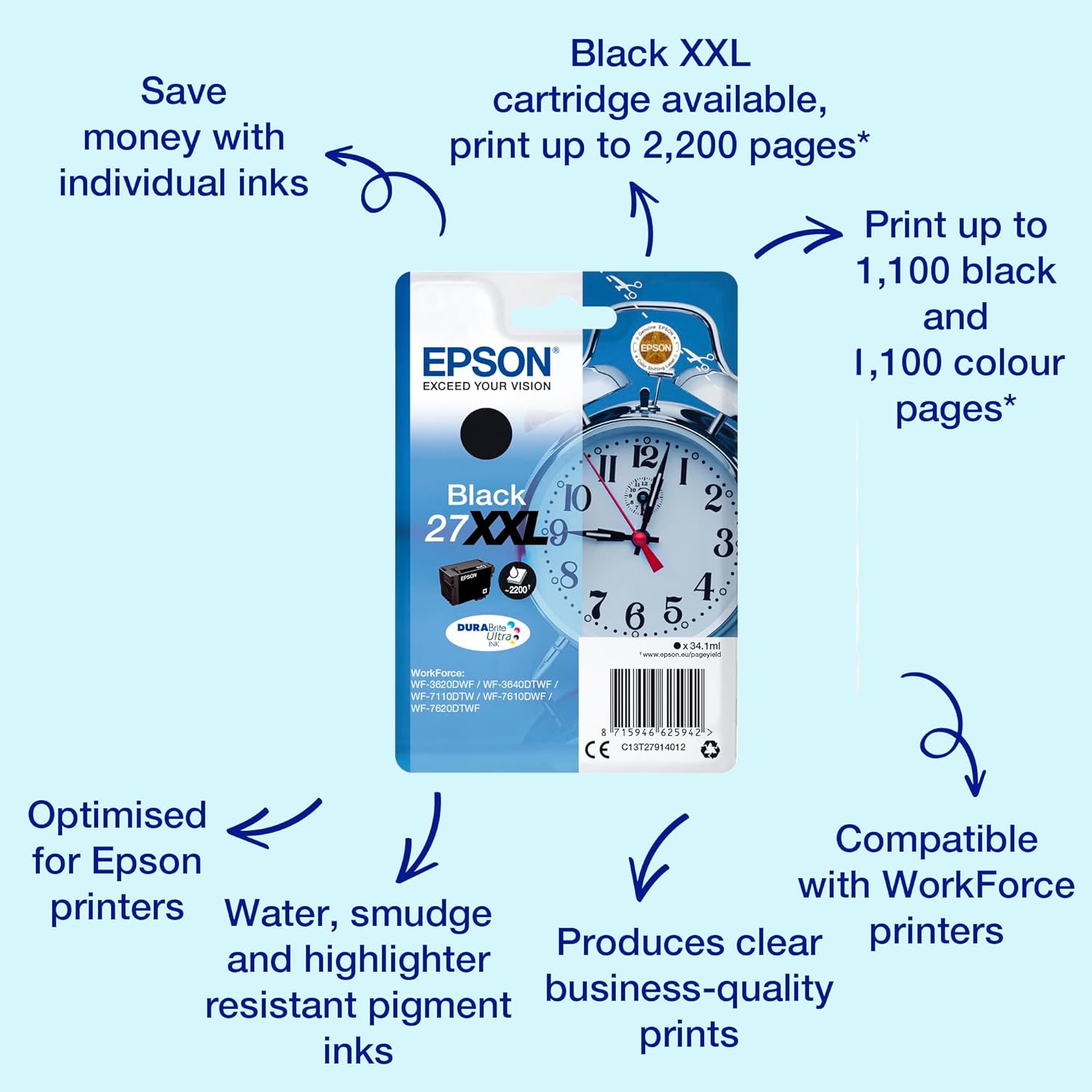Epson 27XXL Black Alarm Clock Extra High Yield Genuine, DuraBrite Ultra Ink Cartridge