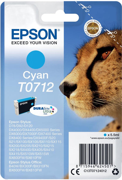 Epson C13T07124012 - Cartucho de tinta para Stylus D78 y otros, paquete estándar, color cian válido para los modelos Stylus, Stylus Office y otros