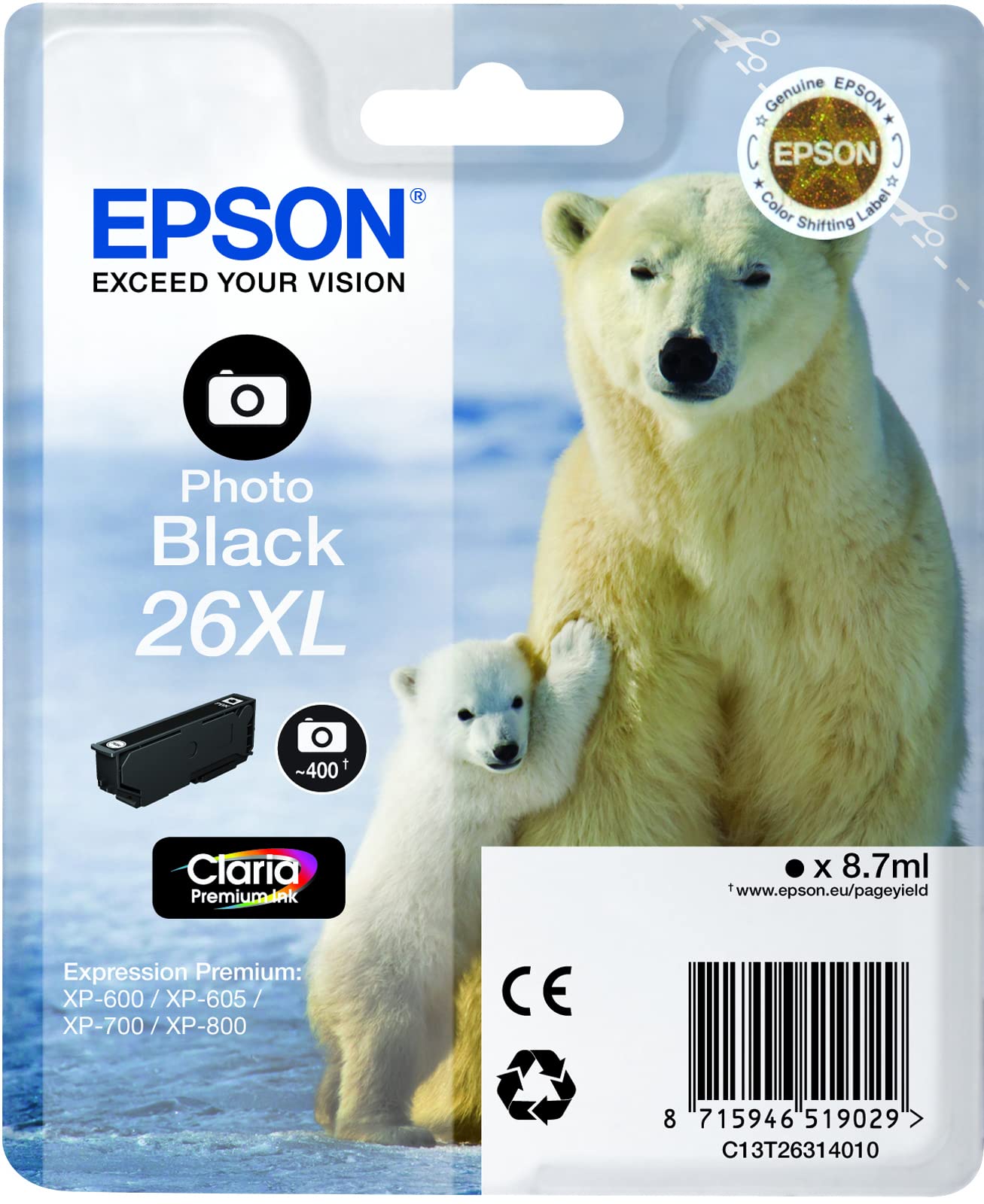 Epson 26XL Polar Bear Photo Black High Yield Genuine, Claria Premium Ink Cartridge