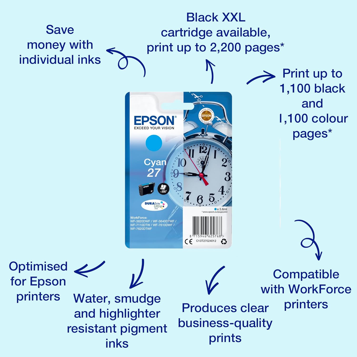 Epson 27 Cyan Alarm Clock Genuine, DuraBrite Ultra Ink Cartridge