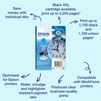 Epson 27 Cyan Alarm Clock Genuine, DuraBrite Ultra Ink Cartridge