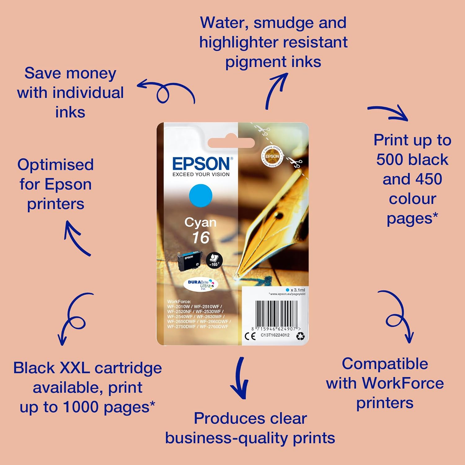 Epson 16 Cyan Pen & Crossword, Genuine, DURABrite Ultra Ink