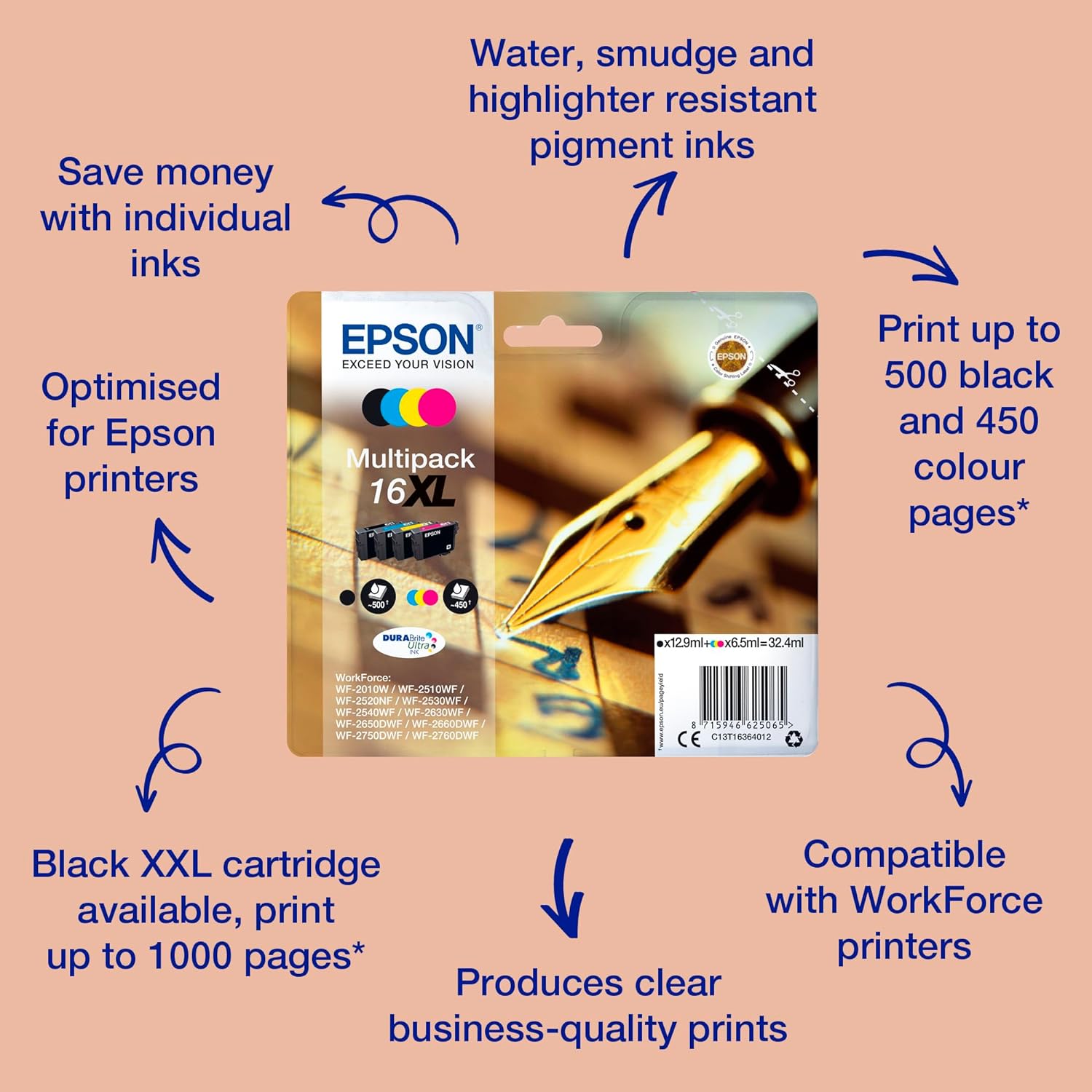 Epson Pen & Crossword High Yield Genuine Multipack,Ink Cartridges, DURABrite Ultra Ink,Cyan, 4-colours, 16XL
