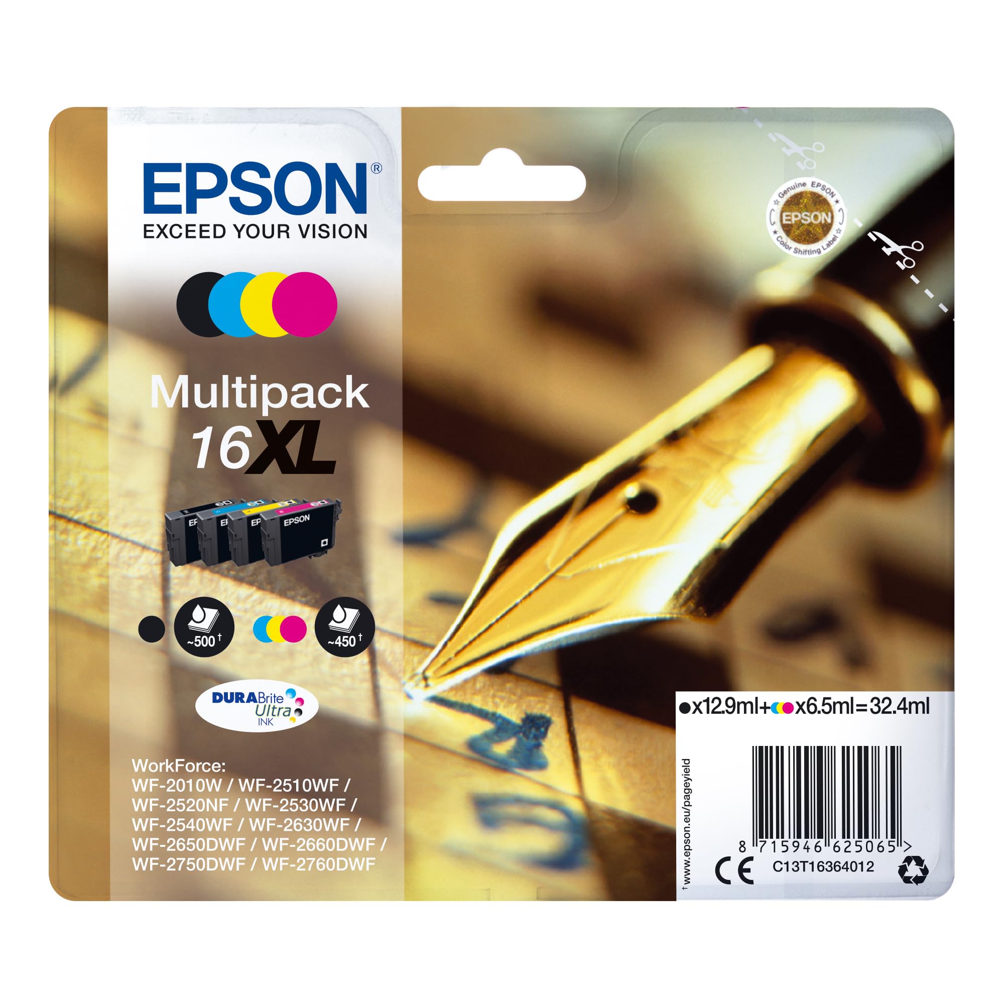 Epson Pen & Crossword High Yield Genuine Multipack,Ink Cartridges, DURABrite Ultra Ink,Cyan, 4-colours, 16XL