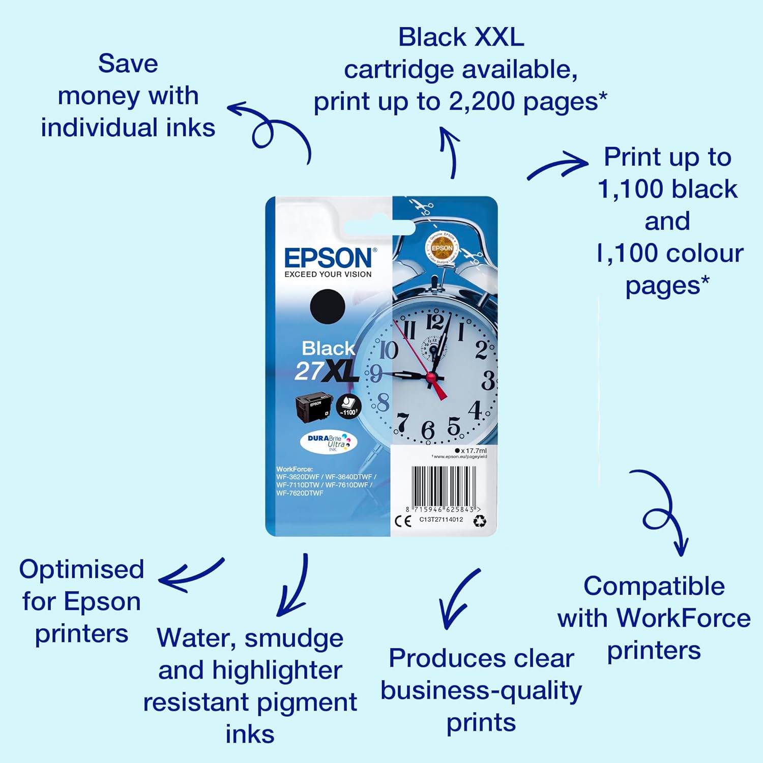 Epson 27XL Black Alarm Clock High Yield Genuine, DuraBrite Ultra Ink Cartridge