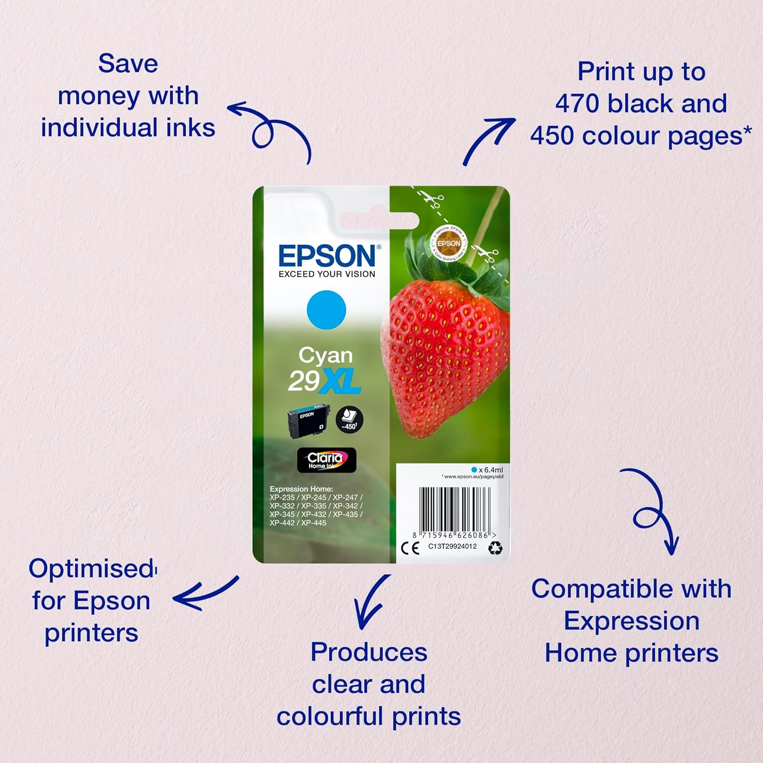 Epson Serie 29XL Fragole, Cartucce Claria Home per Stampante Inkjet, Single Pack 1 Colore (Ciano) Formato XL, Stampe Casa/Ufficio fino 450 Pagine, Confezione Retail