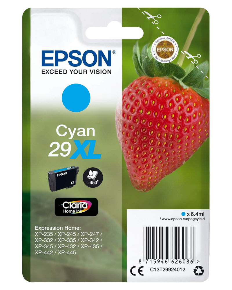 Epson Serie 29XL Fragole, Cartucce Claria Home per Stampante Inkjet, Single Pack 1 Colore (Ciano) Formato XL, Stampe Casa/Ufficio fino 450 Pagine, Confezione Retail