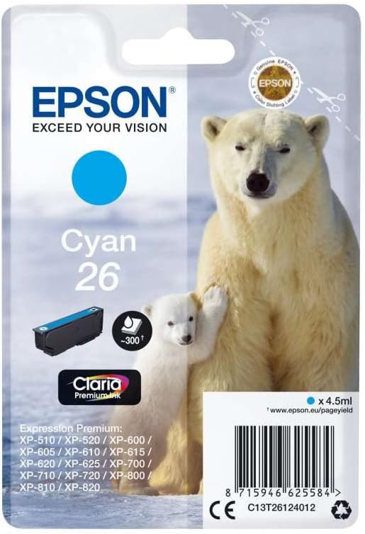 Epson 26 Ours Polaire Cyan, Cartouche d'encre d'origine, XP-510 XP-520 XP-600 XP-605 XP-610 XP-615 XP-620 XP-625 XP-700 XP-710 XP-720 XP-800 XP-810 XP-820