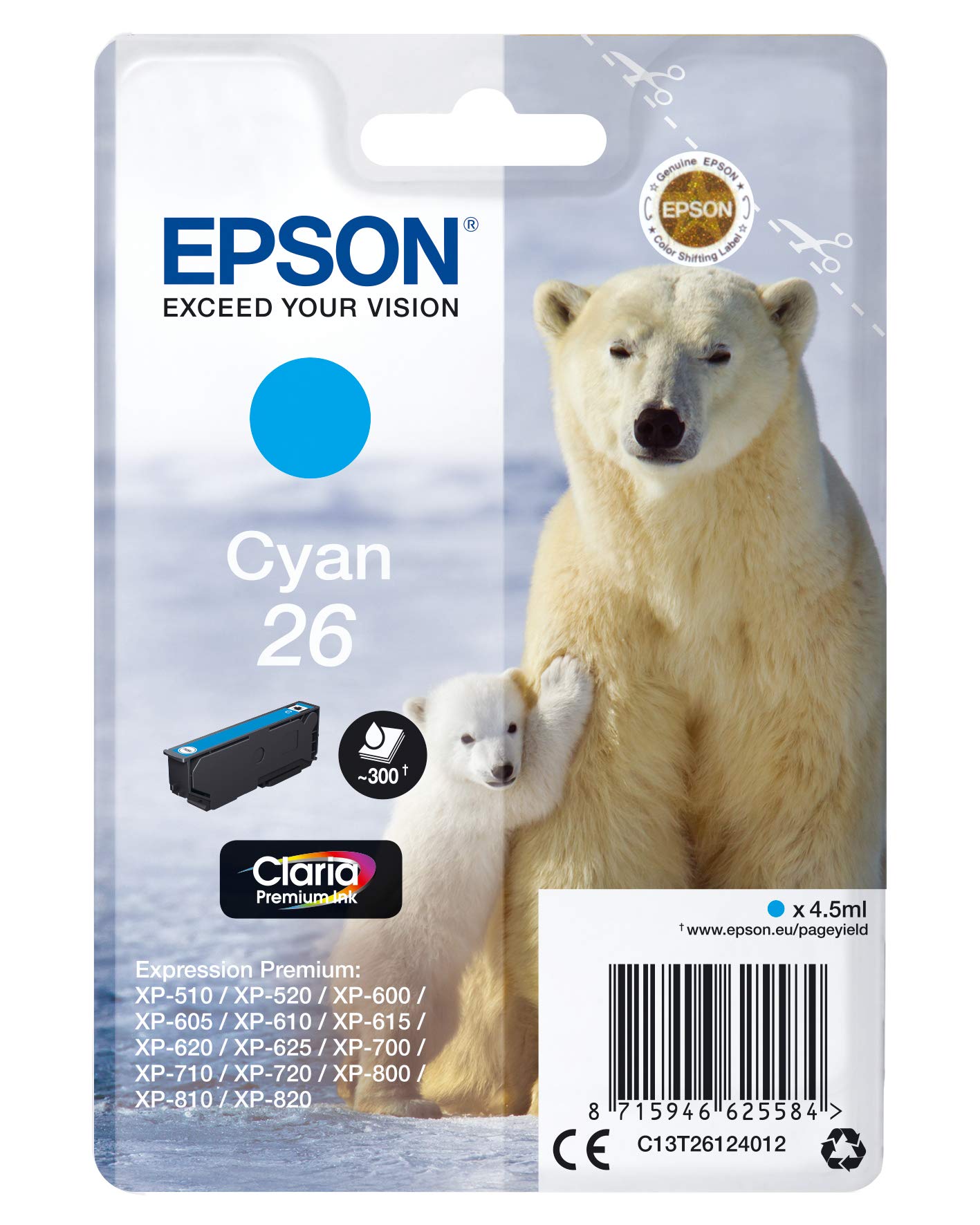 Epson 26 Ours Polaire Cyan, Cartouche d'encre d'origine, XP-510 XP-520 XP-600 XP-605 XP-610 XP-615 XP-620 XP-625 XP-700 XP-710 XP-720 XP-800 XP-810 XP-820