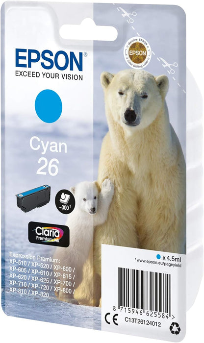 Epson 26 Ours Polaire Cyan, Cartouche d'encre d'origine, XP-510 XP-520 XP-600 XP-605 XP-610 XP-615 XP-620 XP-625 XP-700 XP-710 XP-720 XP-800 XP-810 XP-820