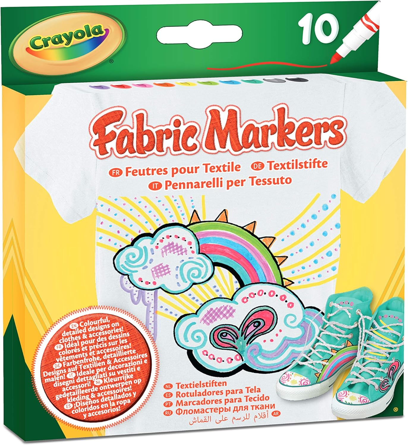 Crayola - Marqueurs pour tissu, 10 pièces, rouge, rose, orange, jaune, violet, vert clair, bleu, bleu clair, gris, noir, Pour décorer les T-shirts et les objets en tissu, 58-8633