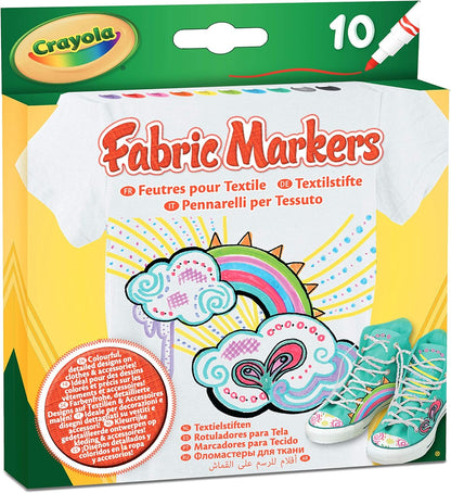 Crayola - Marqueurs pour tissu, 10 pièces, rouge, rose, orange, jaune, violet, vert clair, bleu, bleu clair, gris, noir, Pour décorer les T-shirts et les objets en tissu, 58-8633