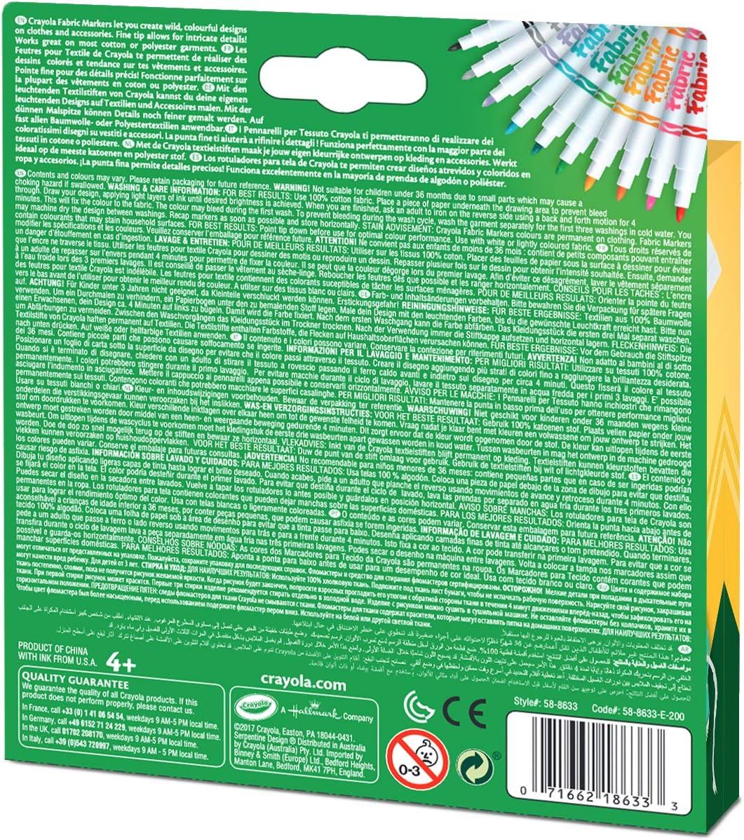 Crayola - Marqueurs pour tissu, 10 pièces, rouge, rose, orange, jaune, violet, vert clair, bleu, bleu clair, gris, noir, Pour décorer les T-shirts et les objets en tissu, 58-8633