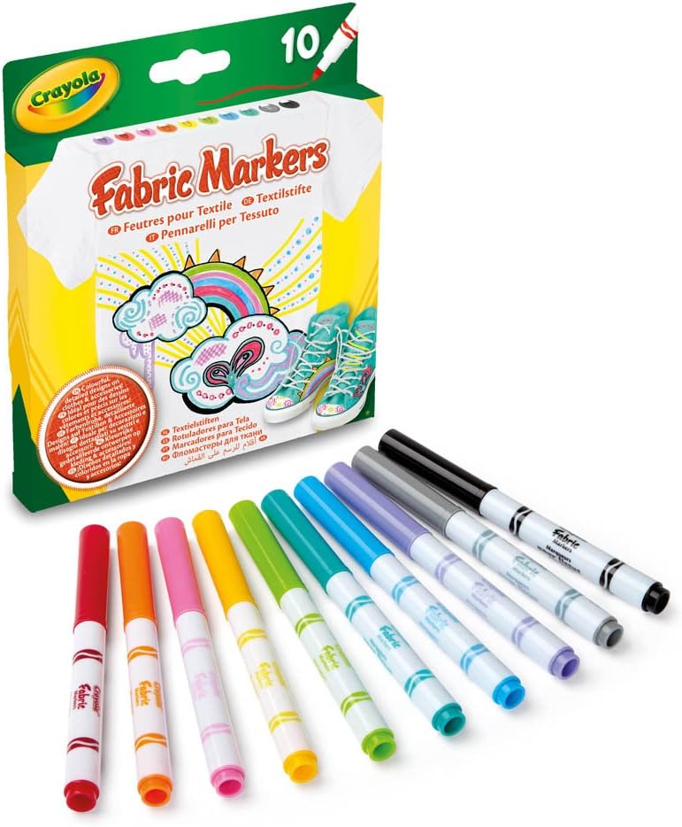 Crayola - Marqueurs pour tissu, 10 pièces, rouge, rose, orange, jaune, violet, vert clair, bleu, bleu clair, gris, noir, Pour décorer les T-shirts et les objets en tissu, 58-8633