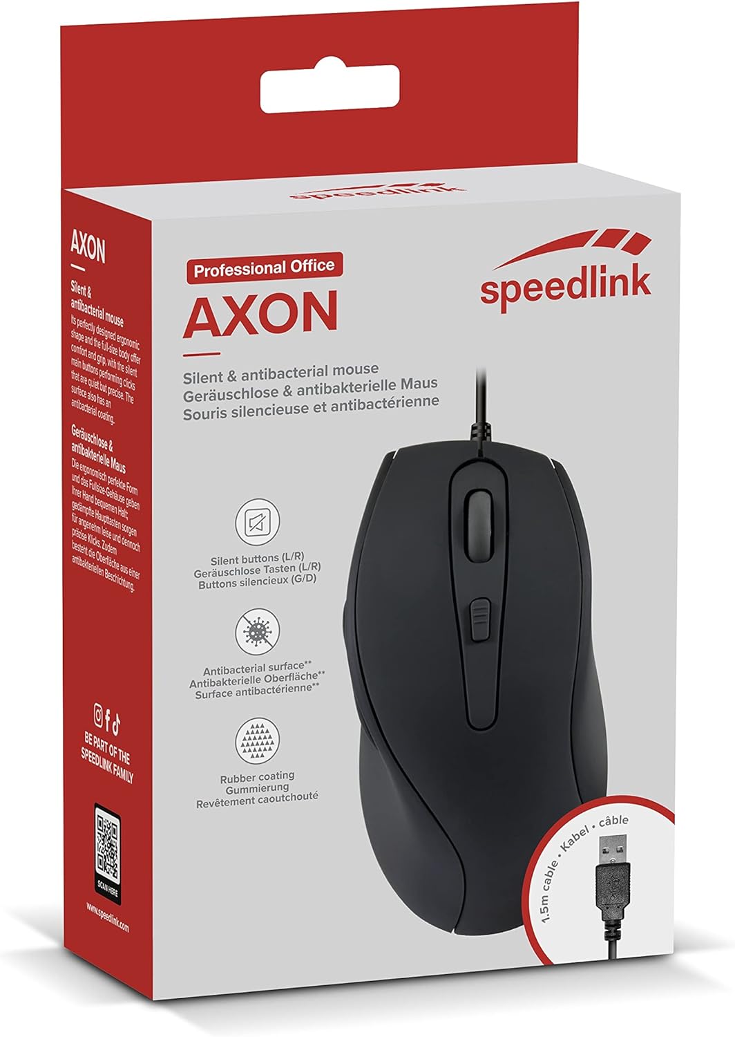 Speedlink AXON Silent & Antibacterial Mouse - Silent and antibacterial mouse with USB port, black