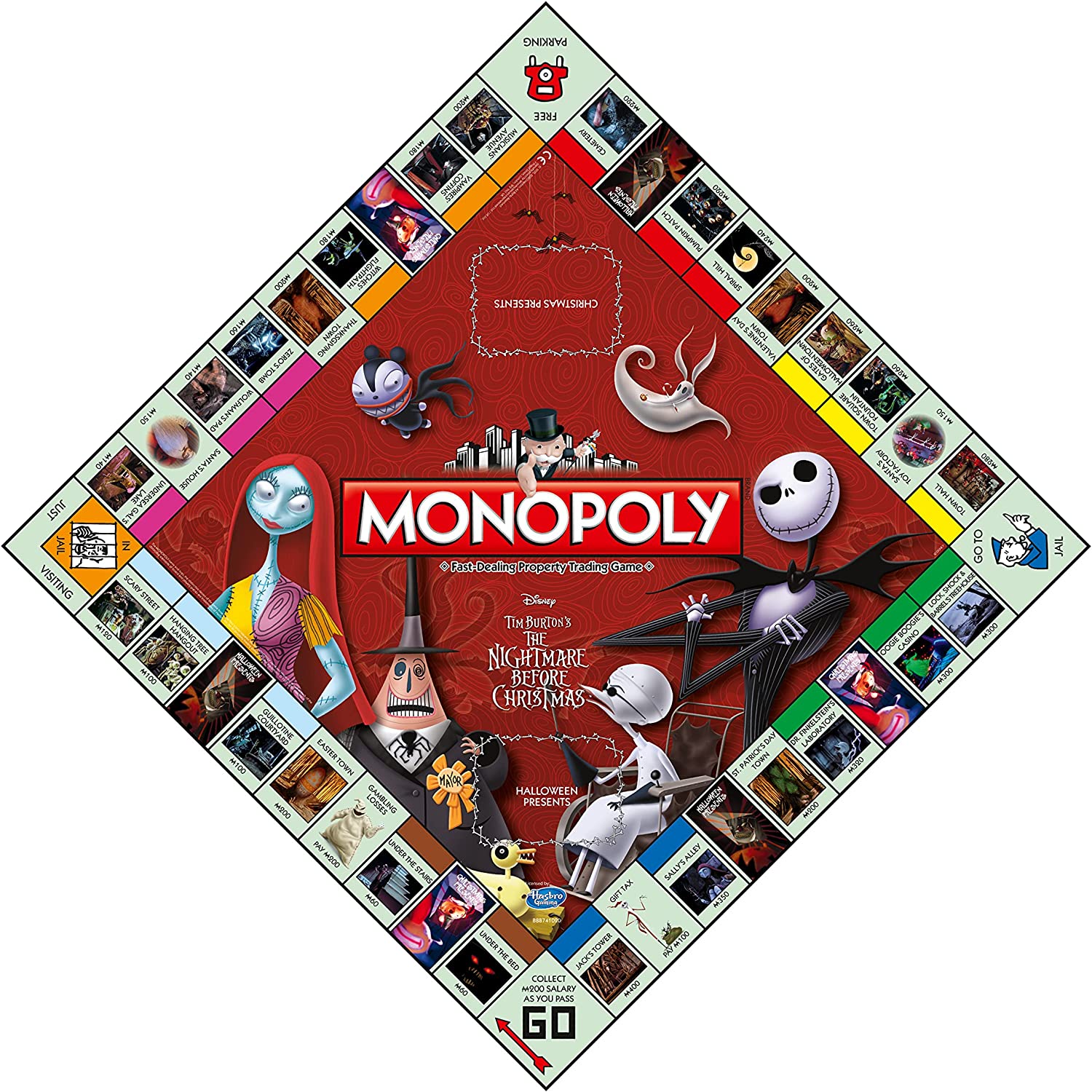 Winning Moves Nightmare Before Christmas Monopoly Board Game, Join the Pumpkin King and advance to the Guillotine Courtyard and Lock, Shock and Barrel’s Treehouse, makes a great gift for ages 8 plus
