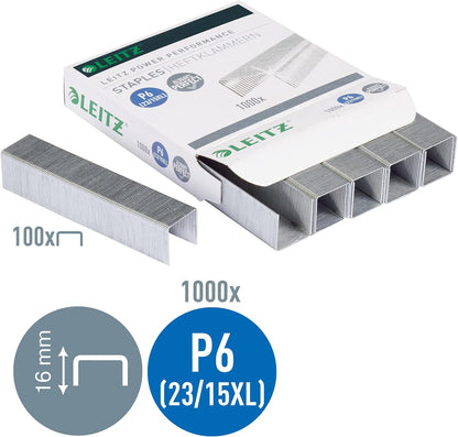 Leitz 55790000 P6 Power Performance 23/15XL Staples, Power Performance, Resistant Metal Wire, Length 15 mm, 1000 Pieces, Staples Up to 120 Sheet Capacity