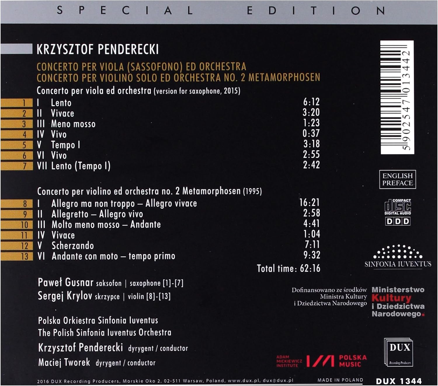 Penderecki: Concerto Per Viola (Sassofono) Ed Orchestra/...
