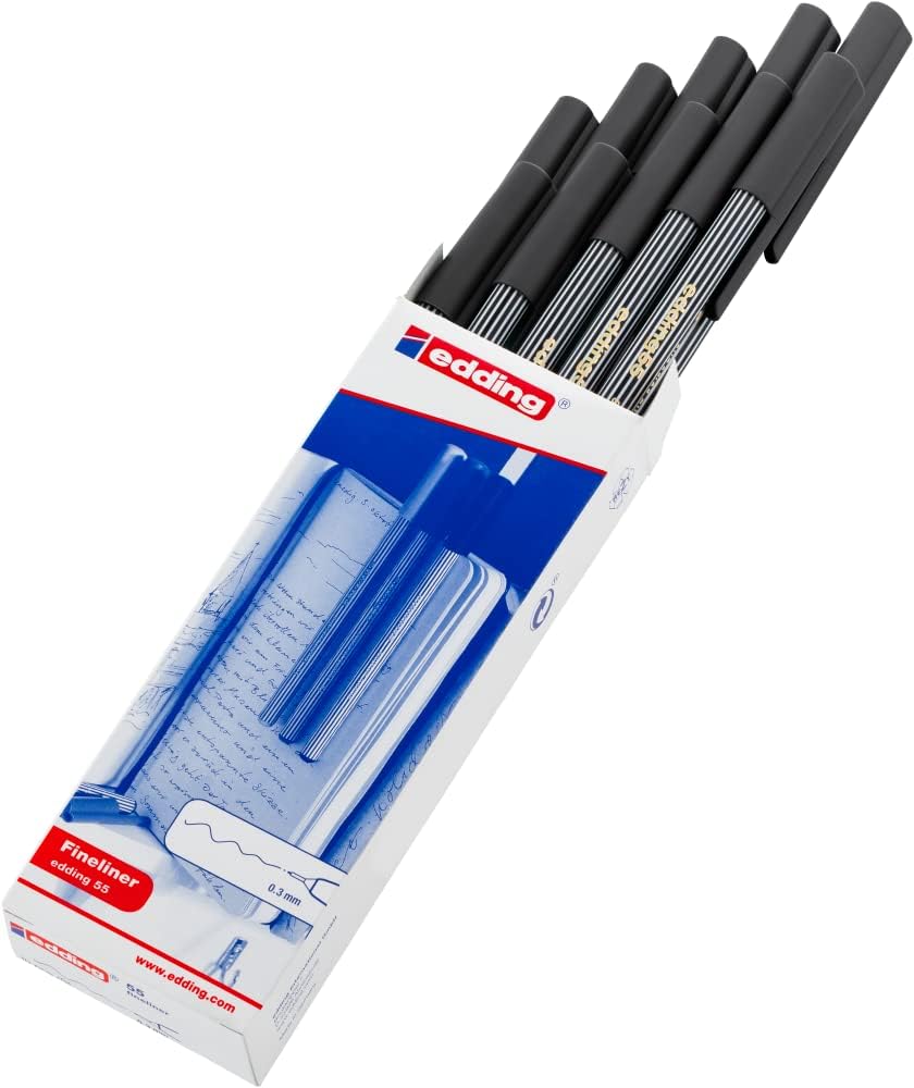 edding 55 - fineliner - black - 10 pens - 0.3 mm nib - colour pen for writing, drawing, underlining, illustrating - for children and adults, at school and in the home or office