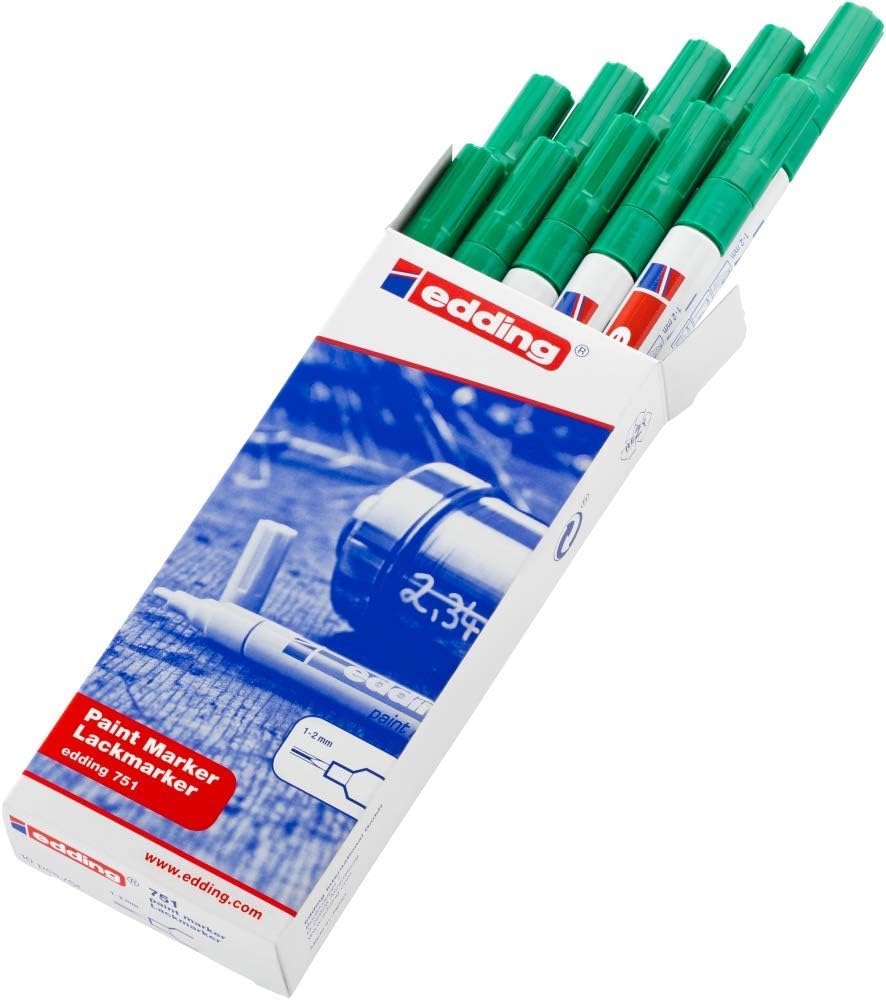 edding 751 paint marker - green - 10 pens - round tip 1-2 mm - paint marker for marking and labelling metal, glass, rocks or plastic - heat-resistant, permanent, smudge-proof and waterproof
