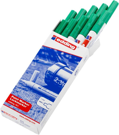 edding 751 paint marker - green - 10 pens - round tip 1-2 mm - paint marker for marking and labelling metal, glass, rocks or plastic - heat-resistant, permanent, smudge-proof and waterproof