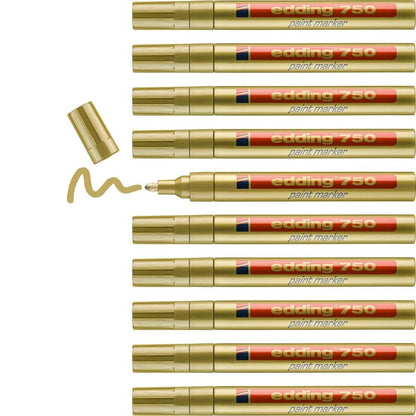 edding 750 paint marker - gold - 10 pens - round tip 2-4 mm - paint marker for marking and labelling metal, glass, rocks or plastic - heat-resistant, permanent, smudge-proof and waterproof