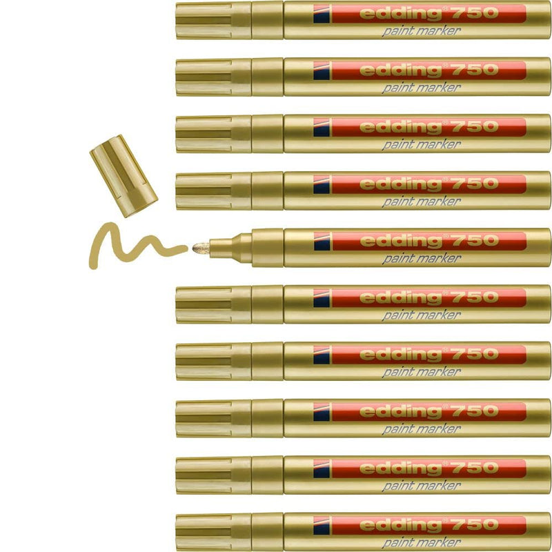edding 750 paint marker - gold - 10 pens - round tip 2-4 mm - paint marker for marking and labelling metal, glass, rocks or plastic - heat-resistant, permanent, smudge-proof and waterproof