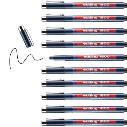 edding 1800 profipen - black - 10 pens - line width 0.5 mm - fineliner pen for precise writing, sketching and technical drawing - fine, metal-encased nib - suitable for use with rulers and stencils