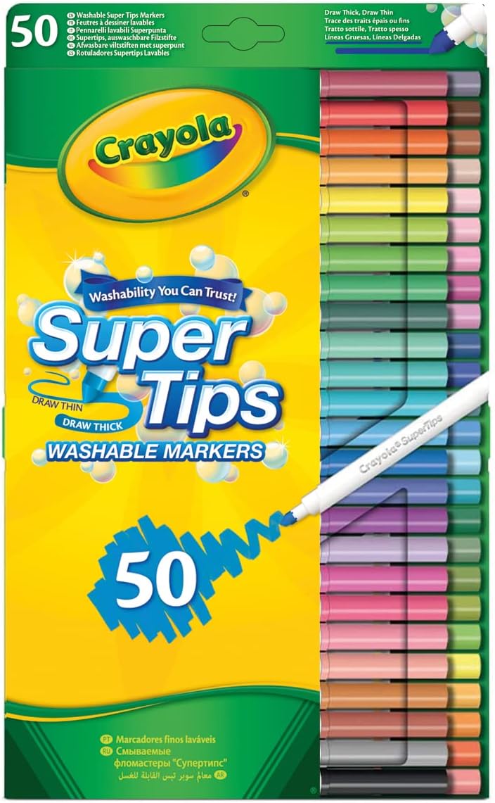 CRAYOLA SuperTips Washable Markers - Assorted Colours (Pack of 50) | Premium Felt Tip Pens That Can Easily Wash Off Skin & Clothing | Ideal for Kids Aged 3+