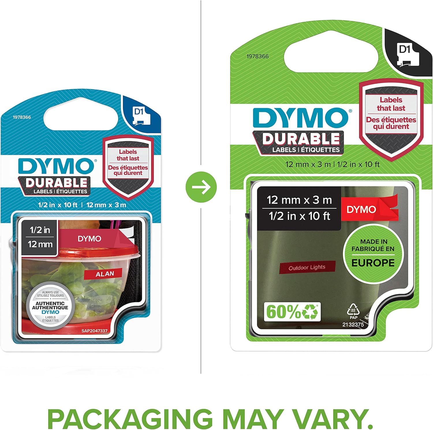 DYMO Authentic D1 Durable Labels | Black Print on Red Tape | 12 mm x 3 m | Labelling Tape for LabelManager Label Makers