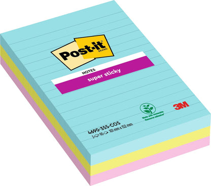 Post-it Super Sticky Notes, Cosmic Colour Collection, lined, 101 mm x 152 mm, 90 Sheets/Pad, 3 Pads/Pack