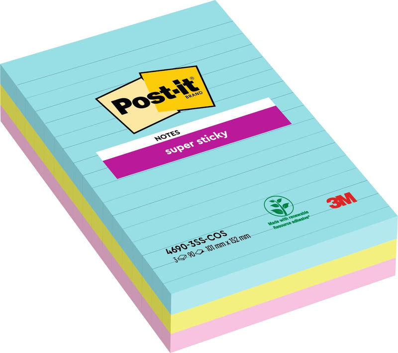 Post-it Super Sticky Notes, Cosmic Colour Collection, lined, 101 mm x 152 mm, 90 Sheets/Pad, 3 Pads/Pack