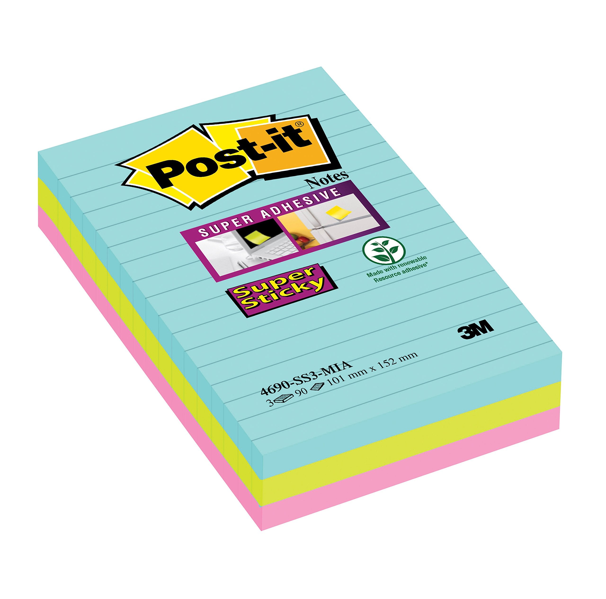 Post-it Super Sticky Notes, Cosmic Colour Collection, lined, 101 mm x 152 mm, 90 Sheets/Pad, 3 Pads/Pack