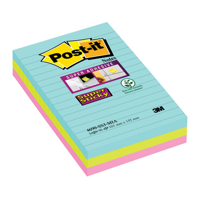 Post-it Super Sticky Notes, Cosmic Colour Collection, lined, 101 mm x 152 mm, 90 Sheets/Pad, 3 Pads/Pack