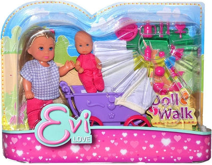Simba 5736241 Toys Evi Love- Muñeca Evi 12cm con Carrito de Paseo Bebé, Múltiples Accesorios, Dos Modelos Disponibles, recibirás un Modelo de Forma aleatoria, para niños a Partir de 3 años