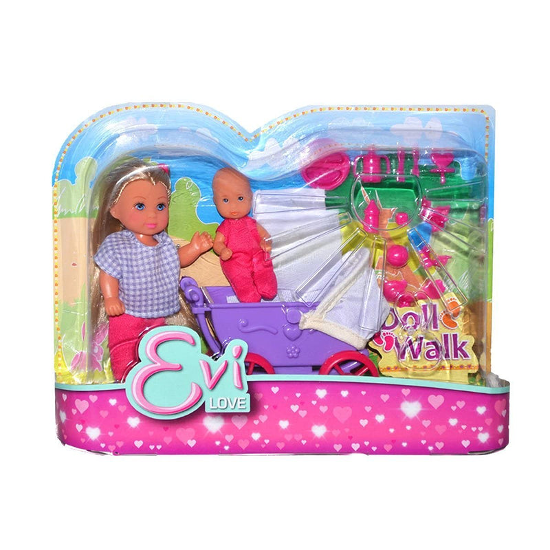 Simba 5736241 Toys Evi Love- Muñeca Evi 12cm con Carrito de Paseo Bebé, Múltiples Accesorios, Dos Modelos Disponibles, recibirás un Modelo de Forma aleatoria, para niños a Partir de 3 años