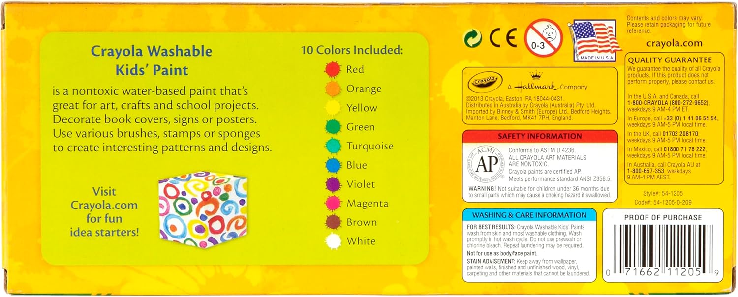 CRAYOLA Washable Paints - Assorted Colours (Pack of 10) | Perfect for Any Arts & Crafts Needs - Easily Washable | Ideal for Kids Aged 3+ (Packaging may vary