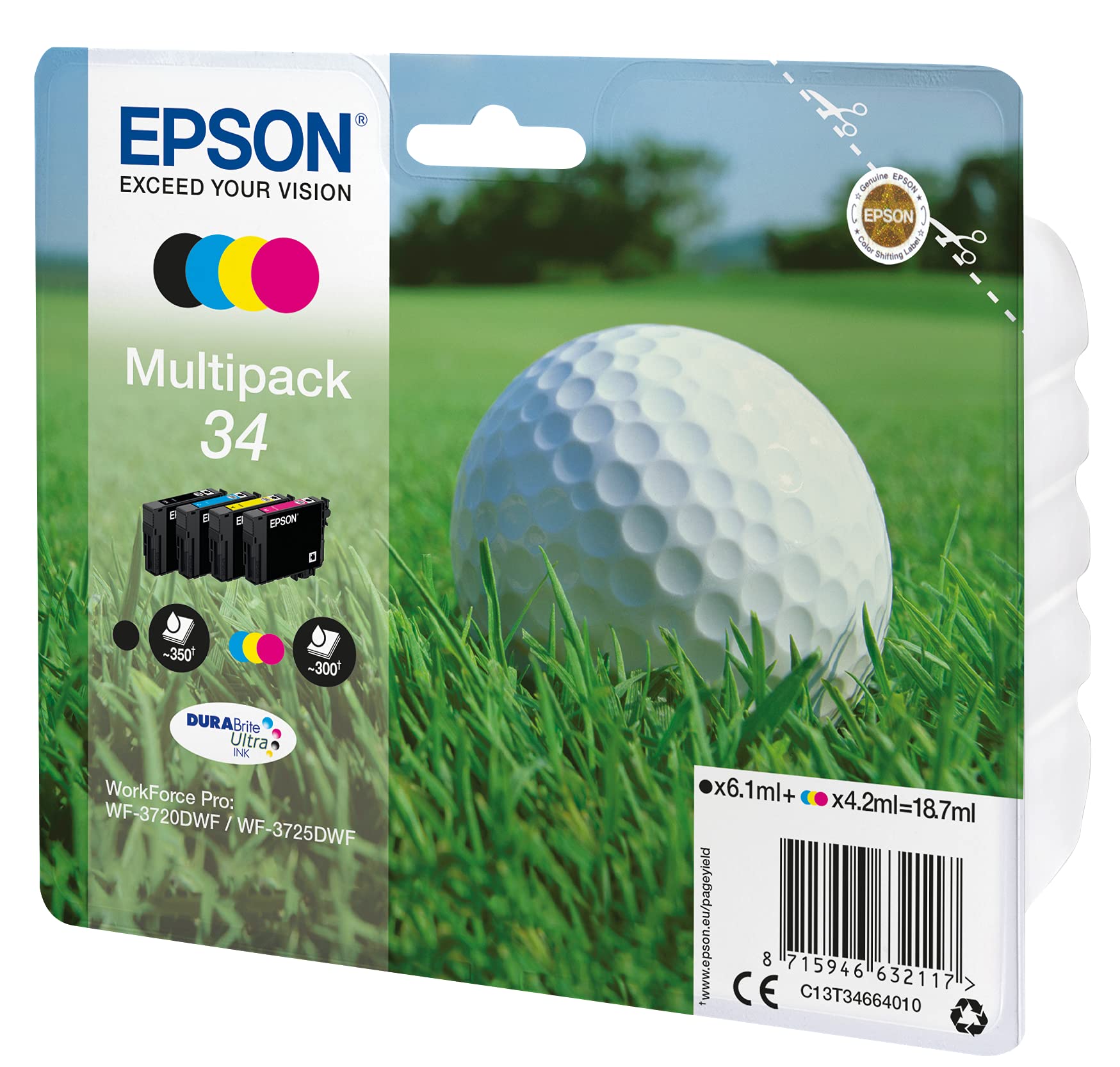 Epson 34 Golfball Genuine Multipack, 4-colours DURABrite Ultra Ink Cartridges
