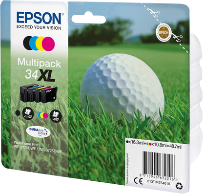 Epson 34XL Golfball Genuine High Yield Multipack, 4-colours DURABrite Ultra Ink Cartridges, Black/Yellow/Magenta/Cyan