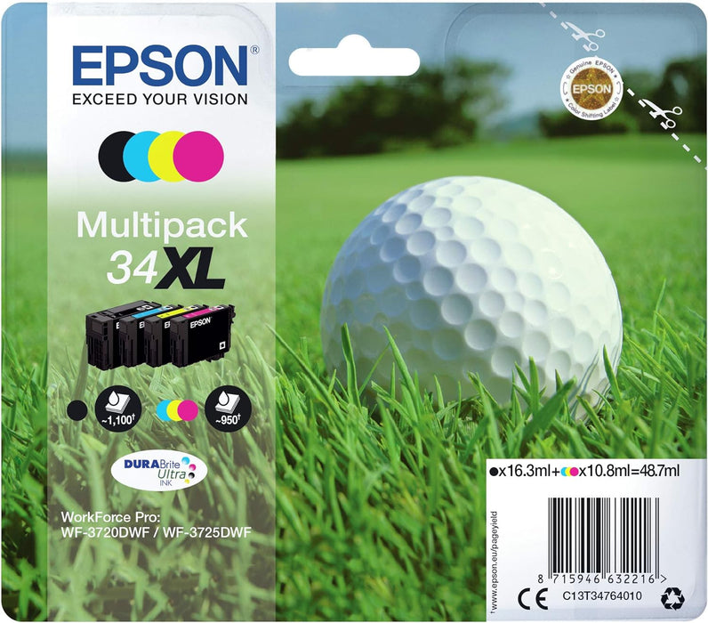 Epson 34XL Golfball Genuine High Yield Multipack, 4-colours DURABrite Ultra Ink Cartridges, Black/Yellow/Magenta/Cyan