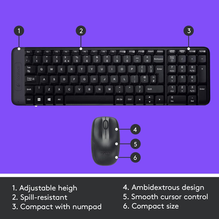 Logitech MK220 Compact Wireless Keyboard and Mouse Combo for Windows, 2.4 GHz Wireless with Unifying USB-Receiver, 24 Month Battery, Compatible with PC, Laptop, QWERTY UK English Layout - Black