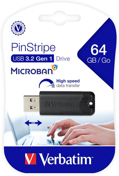 Verbatim PinStripe USB-Stick, 64GB, USB 3.2 Gen 1, USB Speicherstick, externer Speicher für Laptop Notebook Ultrabook TV Autoradio, USB-3, Datenstick mit Schiebemechanismus, schwarz