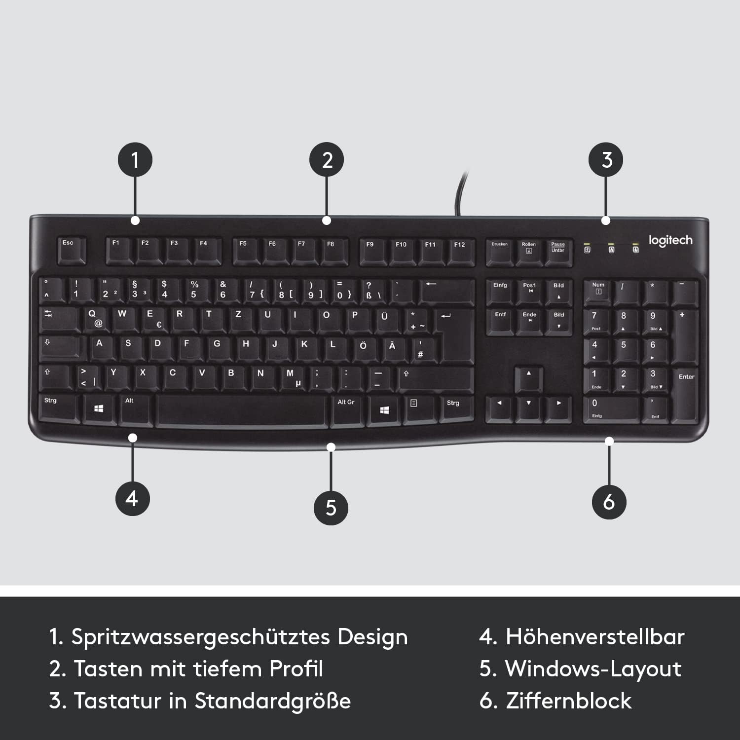 Logitech K120 Wired Keyboard for Windows, QWERTZ German Layout - Black