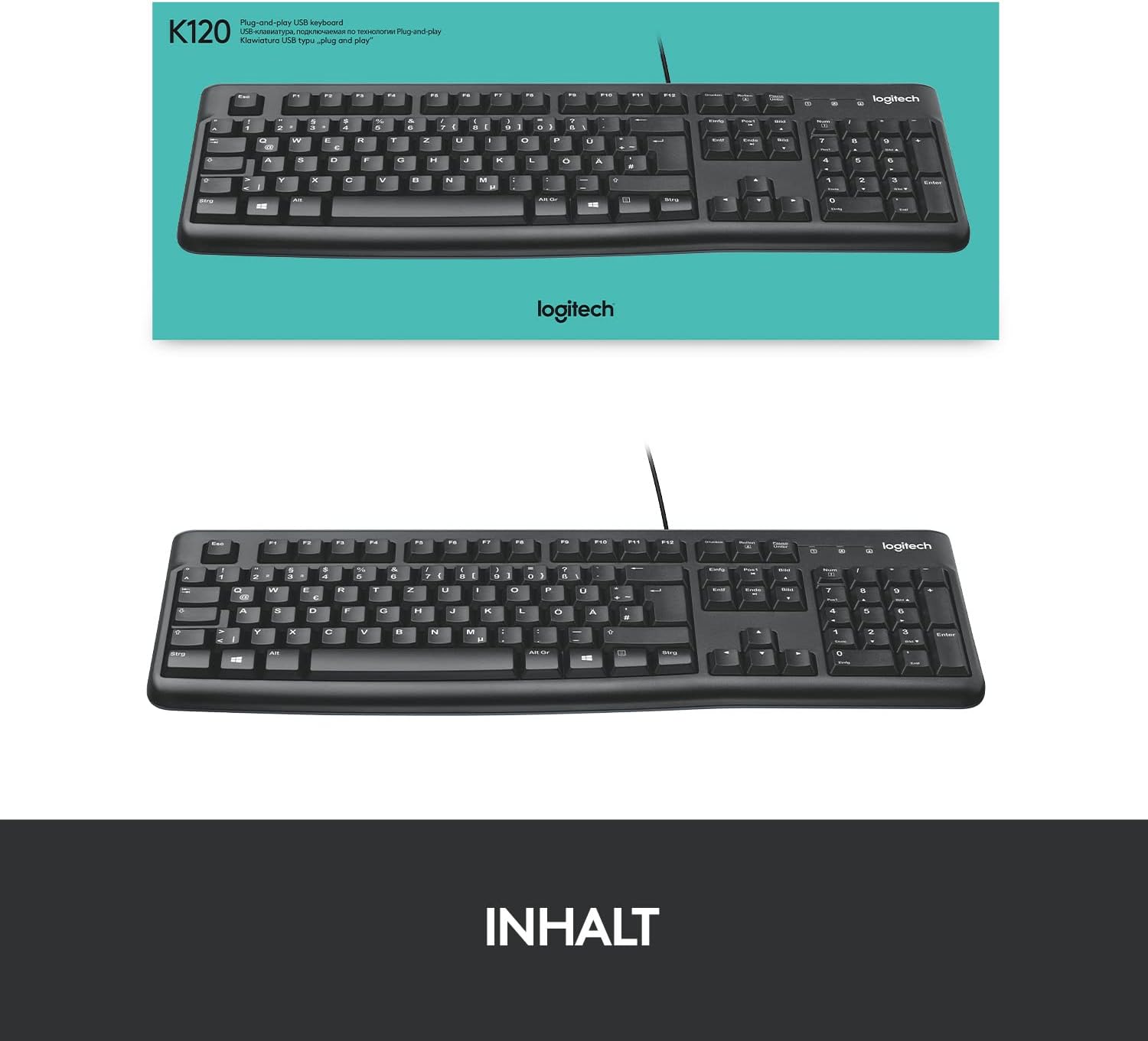 Logitech K120 Wired Keyboard for Windows, QWERTZ German Layout - Black