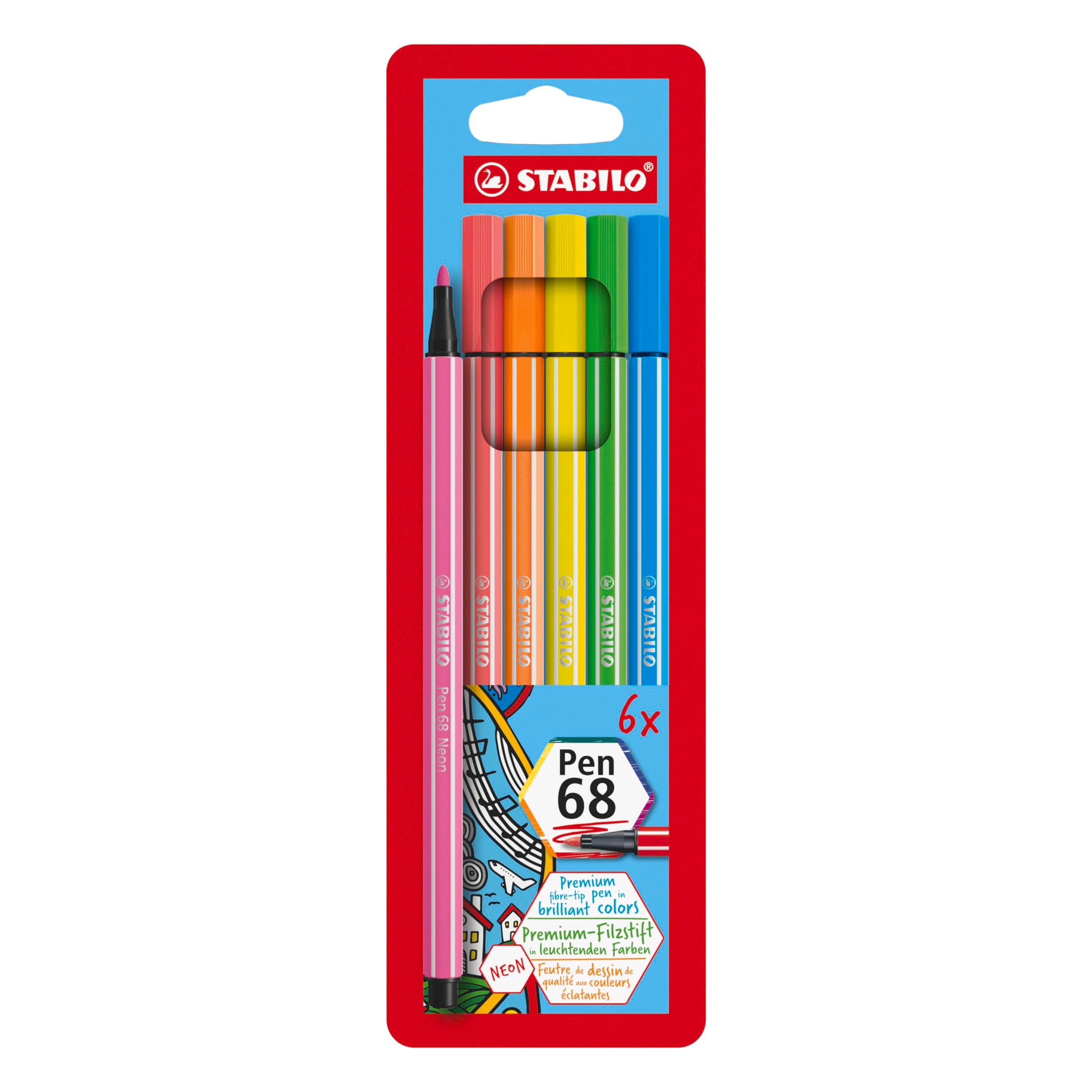 Premium Fibre-Tip Pen - STABILO Pen 68 - Pack of 6 - Neon Colours
