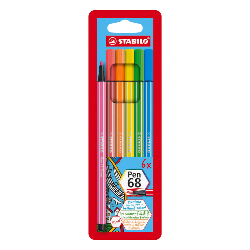 Premium Fibre-Tip Pen - STABILO Pen 68 - Pack of 6 - Neon Colours