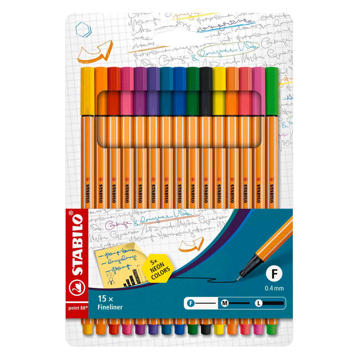 Fineliner - STABILO point 88 - Pack of 15 - Assorted Colours including 5 Neon Colours