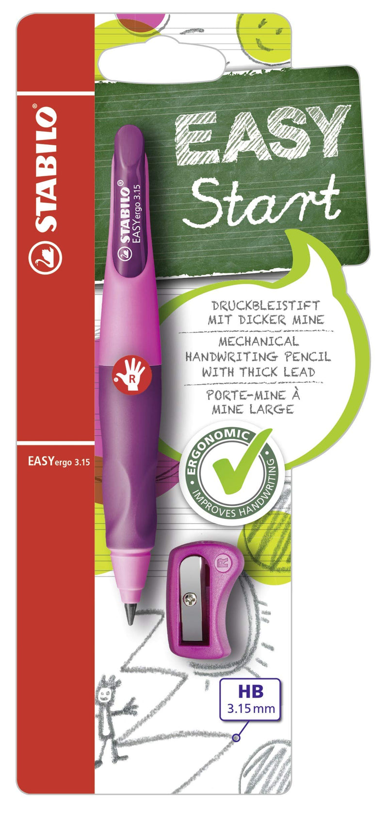Ergonomic Mechanical Pencil - STABILO EASYergo 3.15 - Right-Handed - Pack of 1 - Pink/Lilac + Sharpener Right-Handed Pink/Lilac